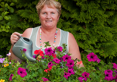 Woman watering purple plants